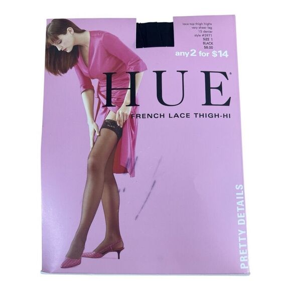 Hue French Lace Thigh High Stockings Black 15 Denier 5971 Very Sheer Leg Size 1 - Picture 1 of 7